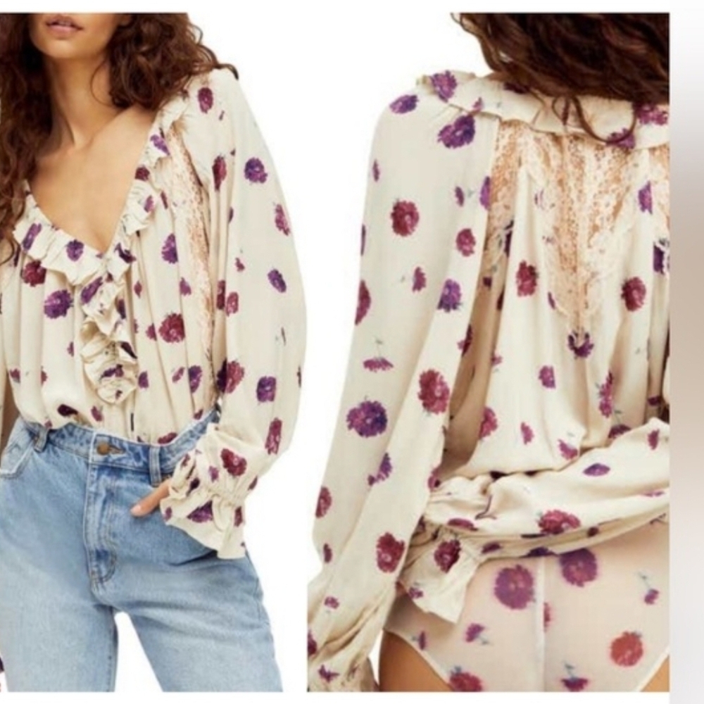 1/2 Off Intimately Free People Women  Small Floral Ruffle Lace Bodysuit Blouse.